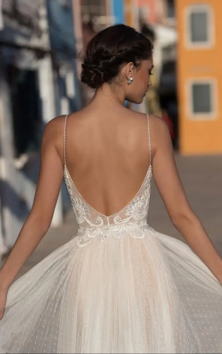 

2019 Eslieb bridal dress sweetheart neckline V back dot lace beadings spaghetti straps sexy gown custom made wedding dress HA074