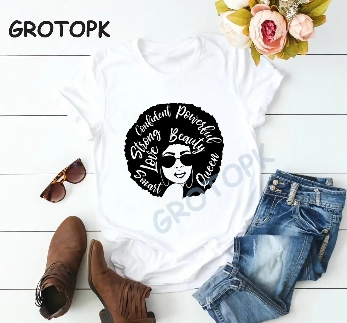 Женская футболка с принтом 2 Bunz Melanin Poppin Aba черная волшебная мощная женская летняя