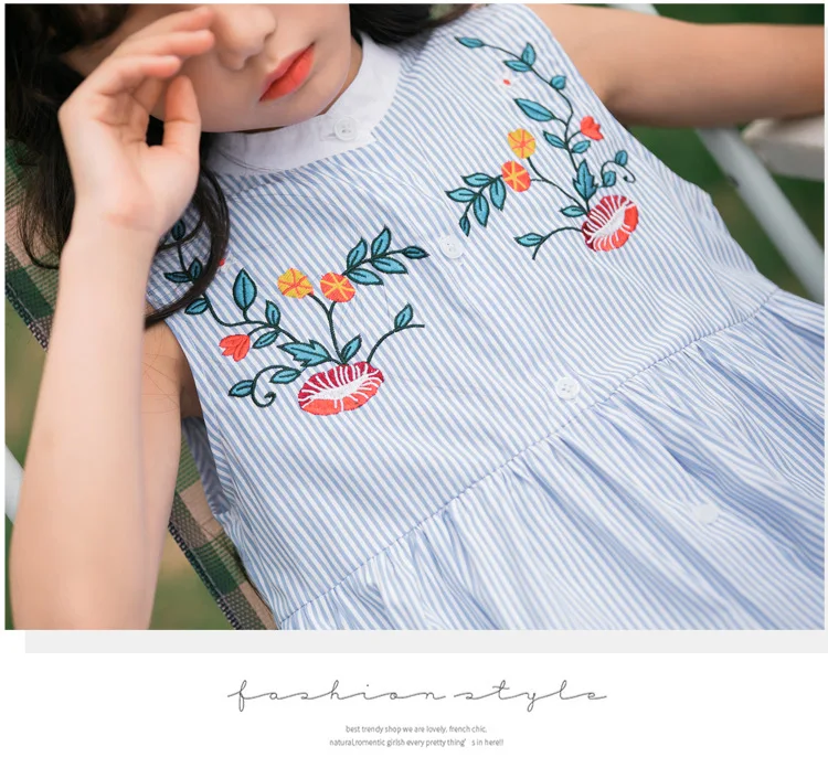 Высококачественное платье в синюю полоску с вышивкой для девочек детское модное