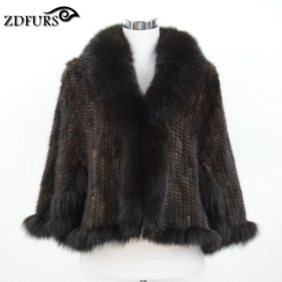 ZDFURS* Новая натуральная вязаная норковая шаль пончо с лисой Обрезка настоящая норковая Меховая куртка модная женская ZDKM-166001 - Цвет: coffee