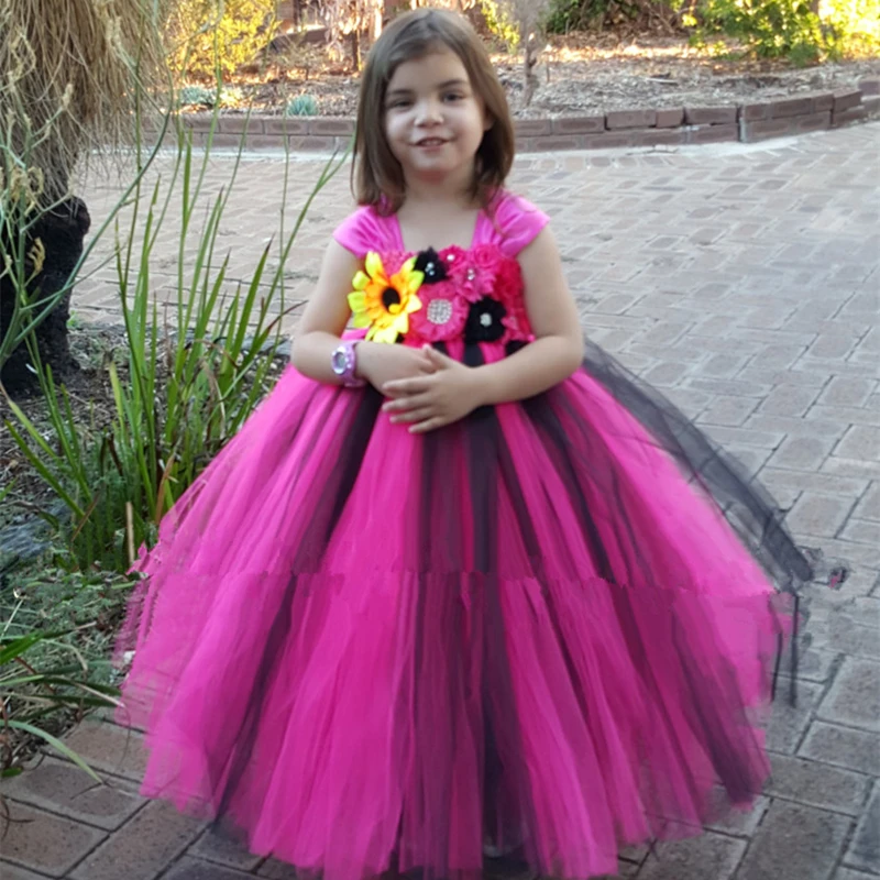 Black &amp Hot Pink Flower Girl Tutu Dress Handmade Princess Tulle Kids Girls Wedding Party Dresses for Ball Gown | Детская одежда и