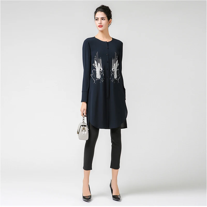 Блузка VOA Женская офисная с длинным рукавом однотонная темно синяя B7210|silk blouse|blouses