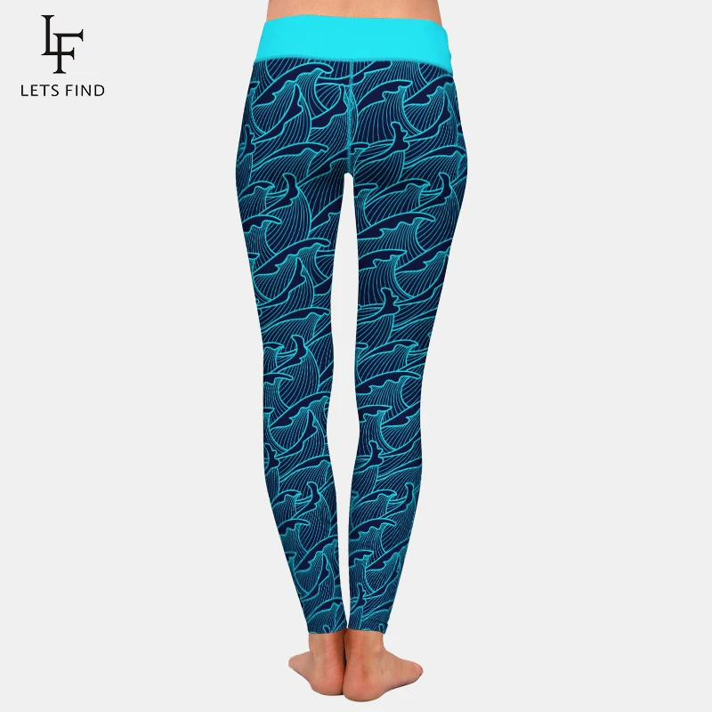 Леггинсы женские с высокой талией модные повседневные принтом морской волны