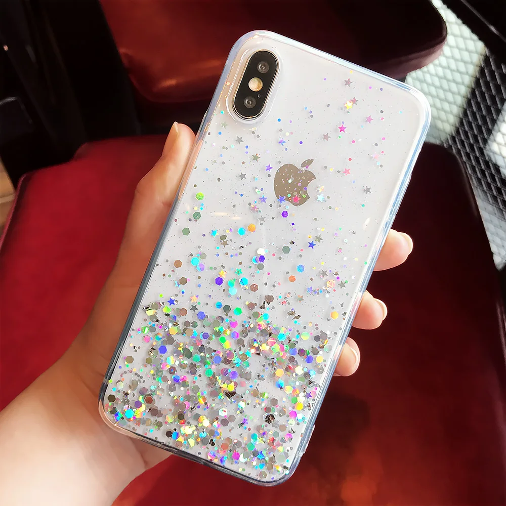 Сияющий Золотой фольга Прозрачный чехол для iPhone X XS XR XS Max 6 S 7 8 плюс Роскошный блеск блесток Мягкий ТПУ задняя крышка Coque