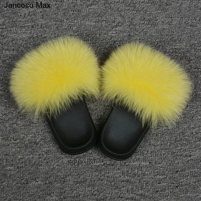 Yellow Jancoco Max дети натуральный Лисий Мех для девочки Тапочки Весна Лето натуральный мех шлепанцы для детей Крытый Открытый S60 GLOve24 - Цвет: Yellow