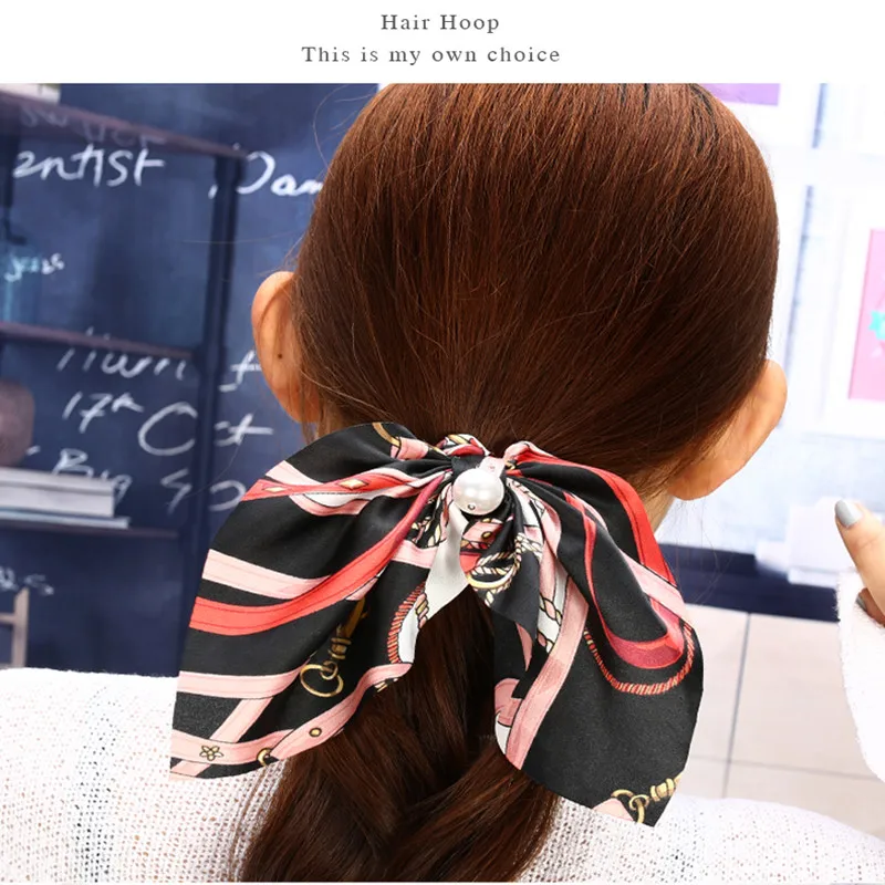 

Colorful Spring Head Rope Romantic Flower Headband Printed Bowknot Pearls Hair Ties Ponytail Scrunchie Women Hair Accessories