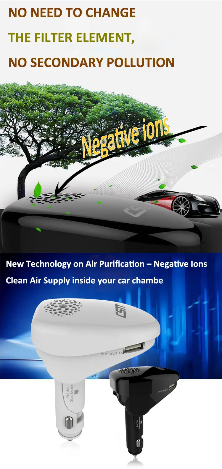 CSTT Negative ion generator,Car Charger Air Purifier, Car Air Freshener and Odors Eliminator, Best Removers for Smoke,Dust,Odors