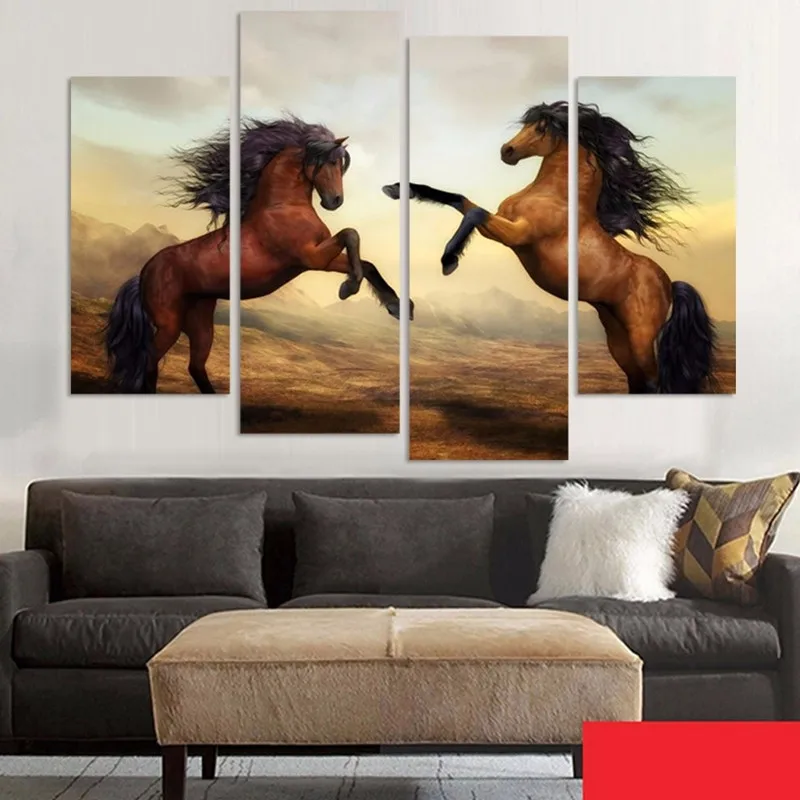 

Unframed 4 Pieces/Set High Quality Art Pictures Running Horse Large HD Modern Home Wall Decor Animal Canvas Printing Painting