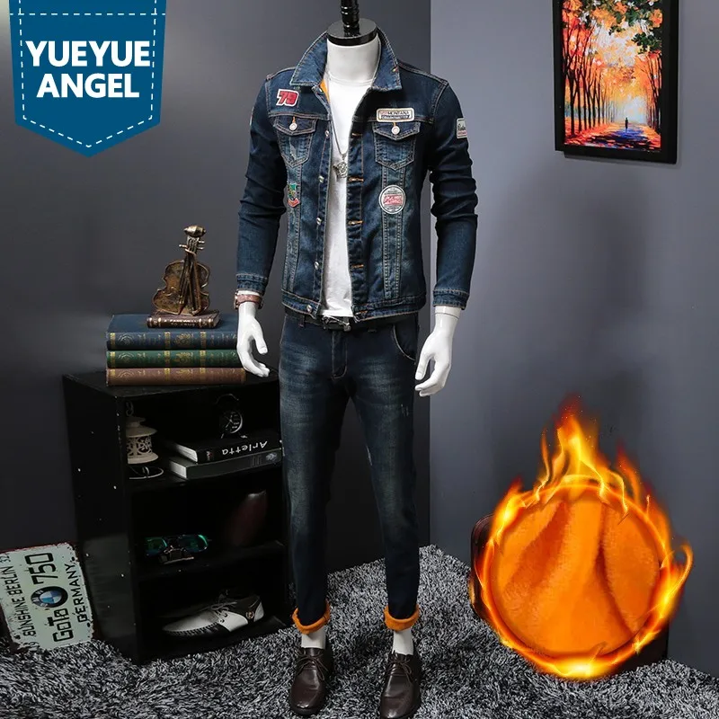 Зимнее мужское джинсовое пальто из бархата новинка корейские облегающие теплые