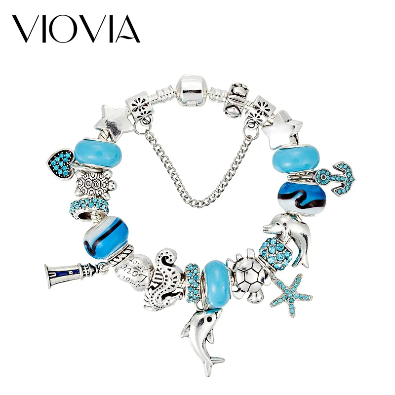 VIOVIA модный браслет с дельфином для женщин синие бусины из муранского стекла