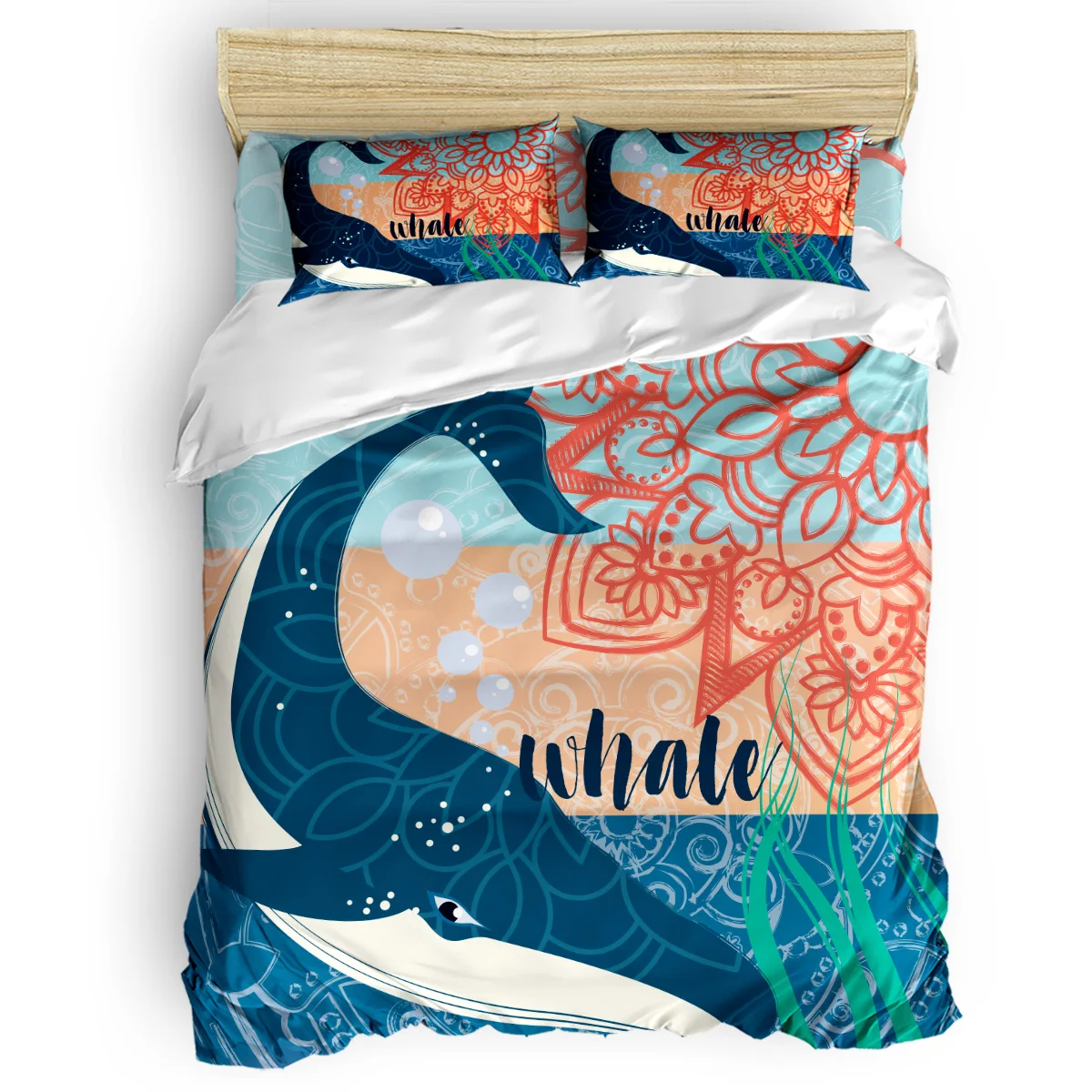 Комплект постельного белья с 3D изображением китов морских существ 4 шт.