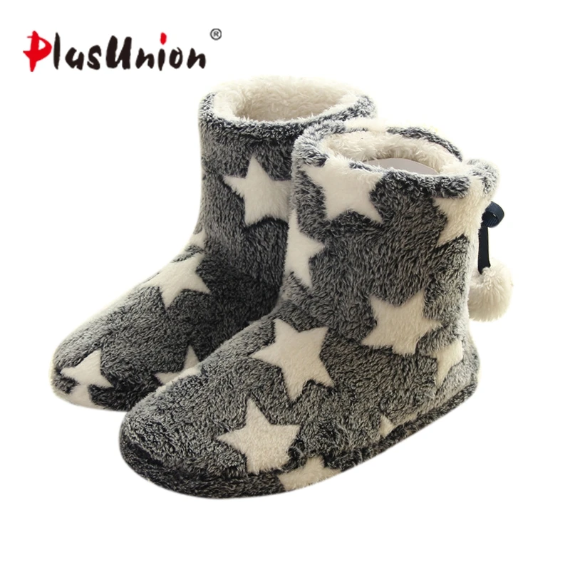 Star Flock Flat with 2 Colors Winter Indoor Slippers for Women Grey Ball Beaded Pink Adult House Shoes Soft Warm Slipper | Обувь