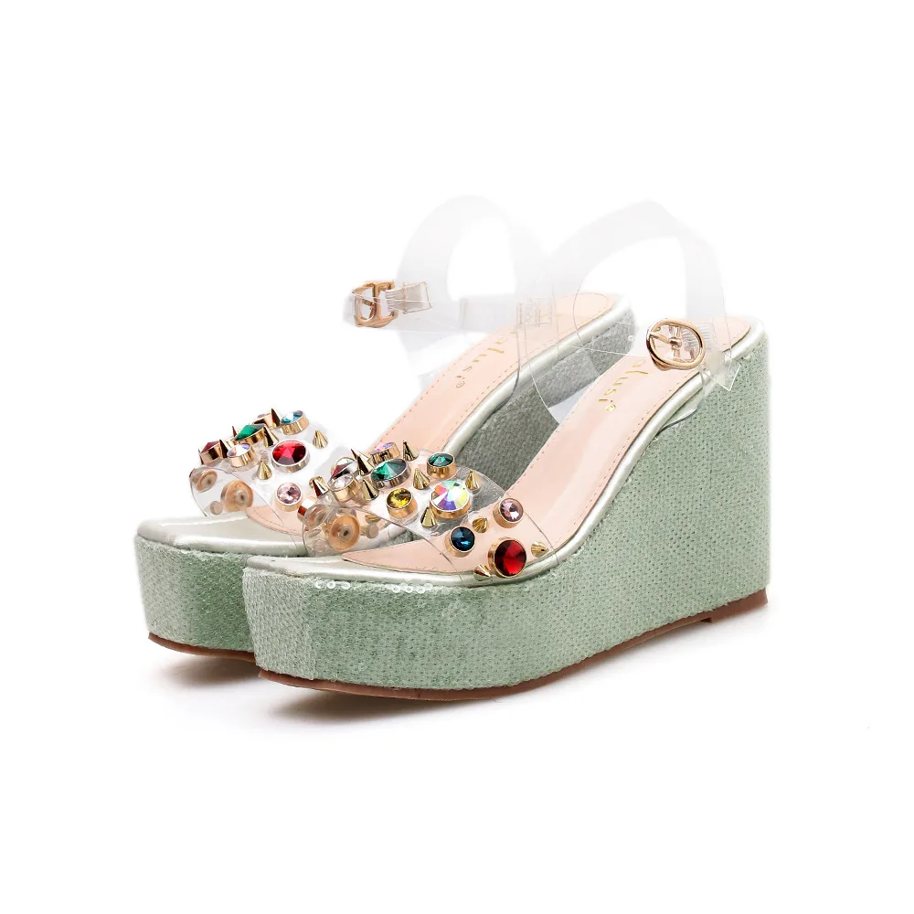 Женские прозрачные сандалии стразы с заостренным носком и заклепками блестящие