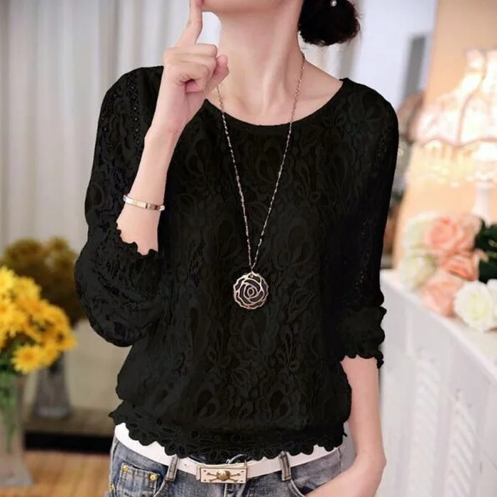 Black 2 Jocoo Jolee Сексуальная Женская кружевная блузка Рубашки с длинным рукавом шифоновое кружево крючком топы женские белые блузки женская блузка - Цвет: Black 2