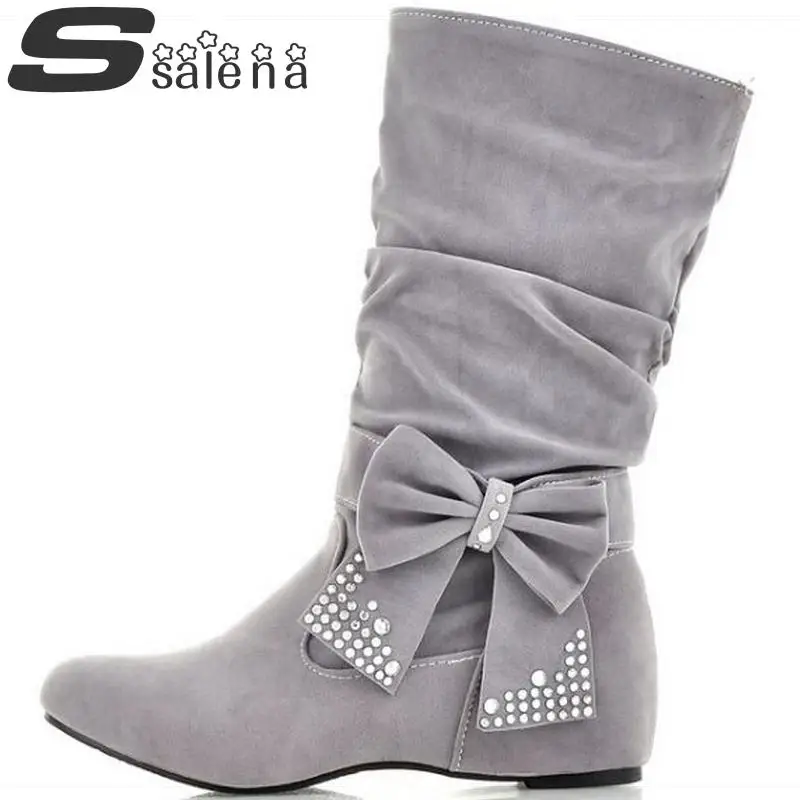 Women winter boots women casual mid calf sweet bow fashion warm shoes most popular college wind big size 43 #C144 | Обувь