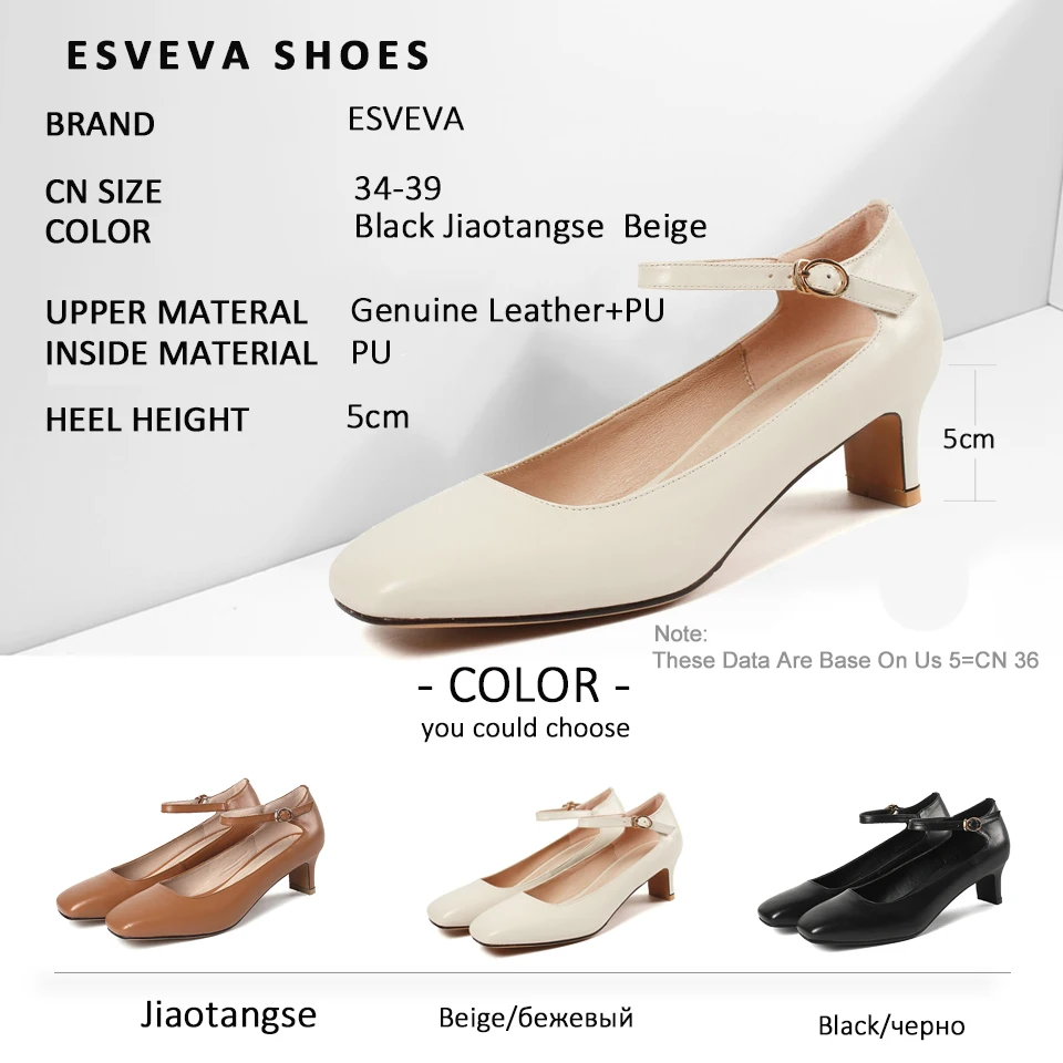 

ESVEVA 2019 Women Pumps Shoes Buckle All Match Square Med Heels Western Style Square Toe Spring Sandals Women Shoes Size 34-39
