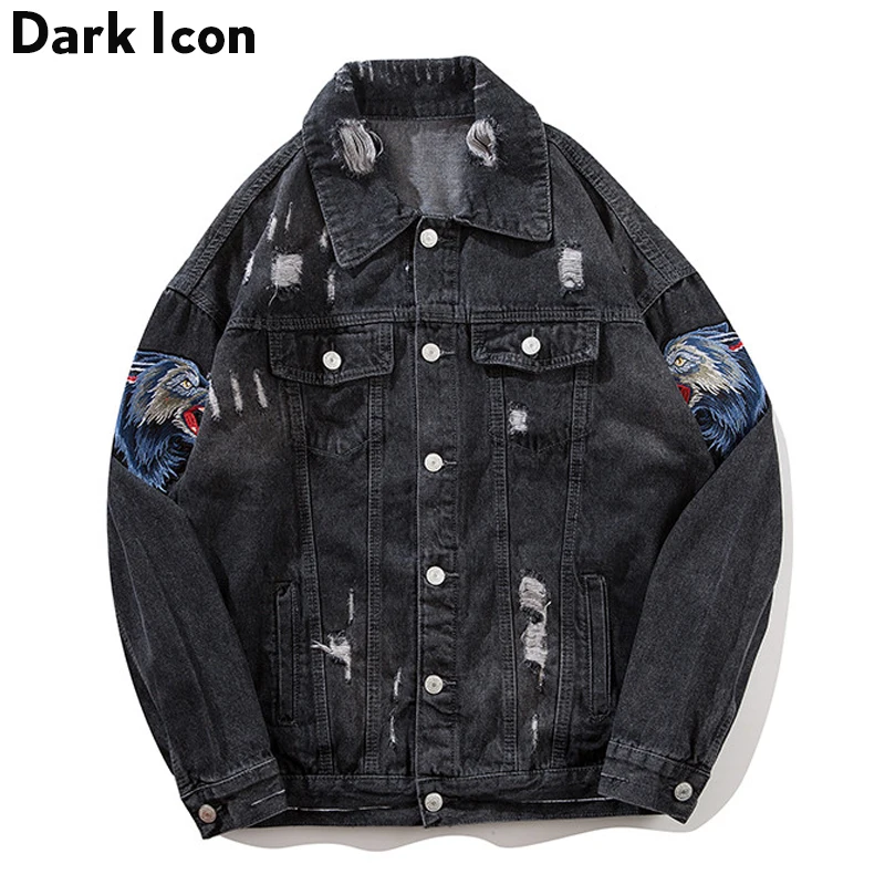 Темный логотип Волк Вышивка джинсовая куртка мужская 2019 Новая мода стиральная