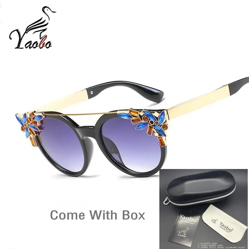 black With box Yaobo Модные солнцезащитные очки с кошачьим глазом женские новые бриллианты декоративный кристалл брендовые дизайнерские очки женские Lunette De Soleil Femme - Цвет линз: black With box