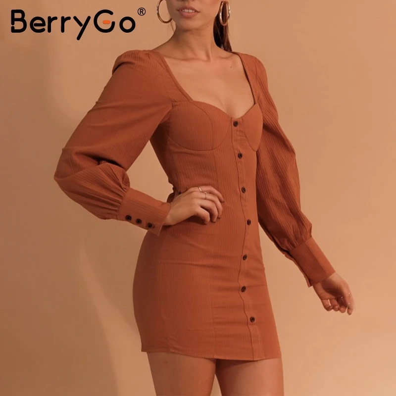 BerryGo Винтаж Кнопка bodycon Женщины платье с длинным рукавом Сексуальная молния