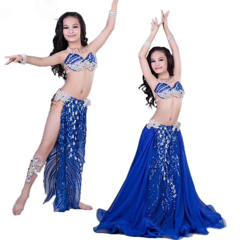 Ребенок танец живота костюм Топы + юбка 2 шт./компл. Девушки Индийский Танцы сцены