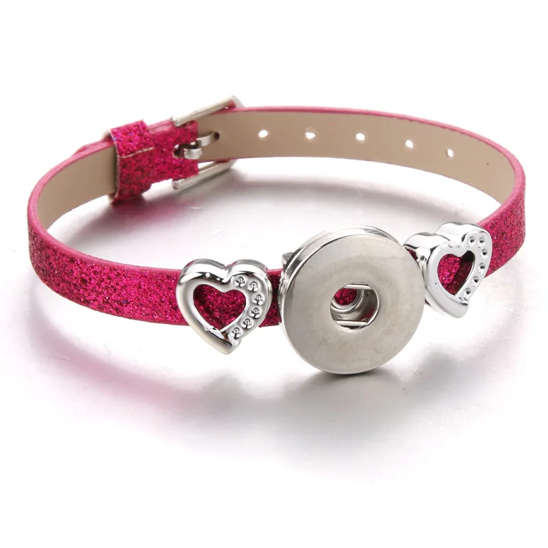 rose red 12 цветов сердце оснастки кожаный браслет в стиле ретро из плетеной кожи, ручной работы браслет с украшением в виде кнопки подходят 18 мм оснастки ювелирные изделия 6810 - Окраска металла: rose red