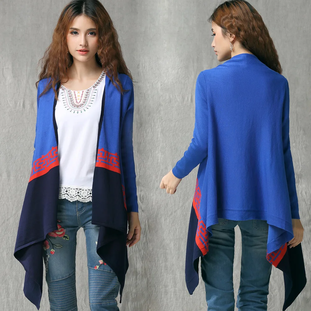 Hitz folk style dress big yards hit color irregular shawls long knitting sweater cardigan |