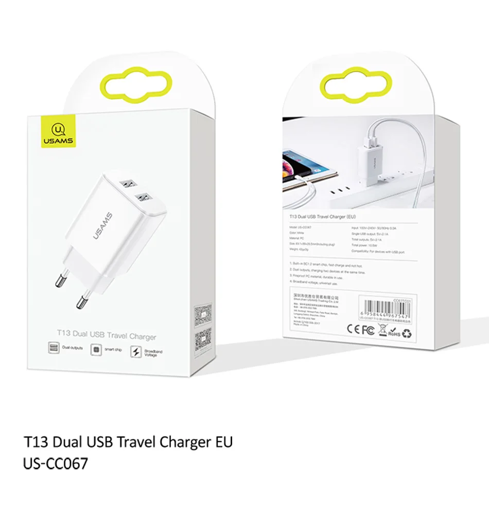 USAMS Dual USB настенное зарядное устройство 2.1A Быстрая зарядка мобильного телефона адаптер для iPhone X 8 EU/US вилка зарядное устройство для iPhone samsung