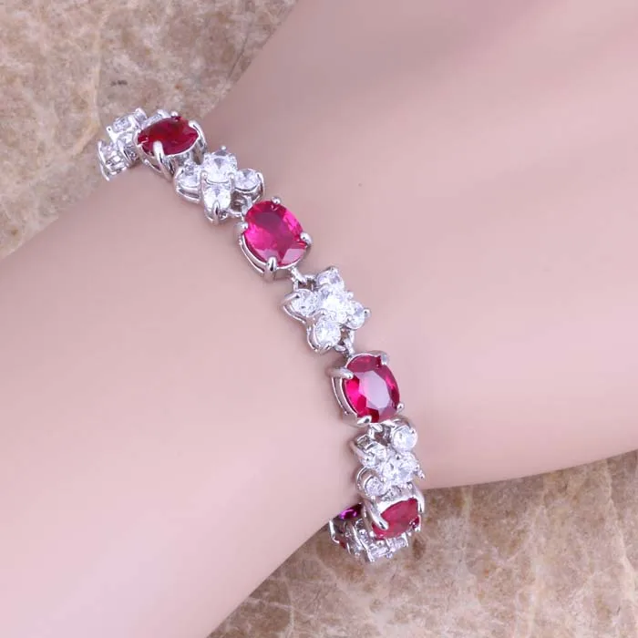 Очаровательный Красный кубический цирконий Белый CZ посеребренный звено цепи