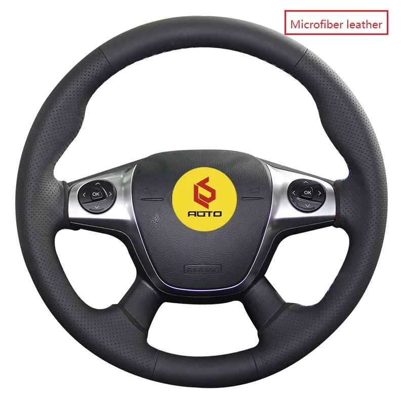 black microfiber Оплетка на руль для Ford Focus 3 2012- KUGA Escape 2013- C-MAX 2011- кожаный чехол на руль - Название цвета: black microfiber