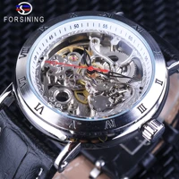 forsining automatic watch silver case openwork watches black genuine leather band flower movement transparent waterproof design