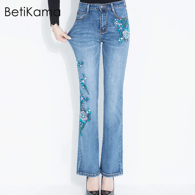 BetiKama 2018 Push Up джинсы для женщин стрейч вышивка XS 6XL клеш мама обтягивающие Винтаж