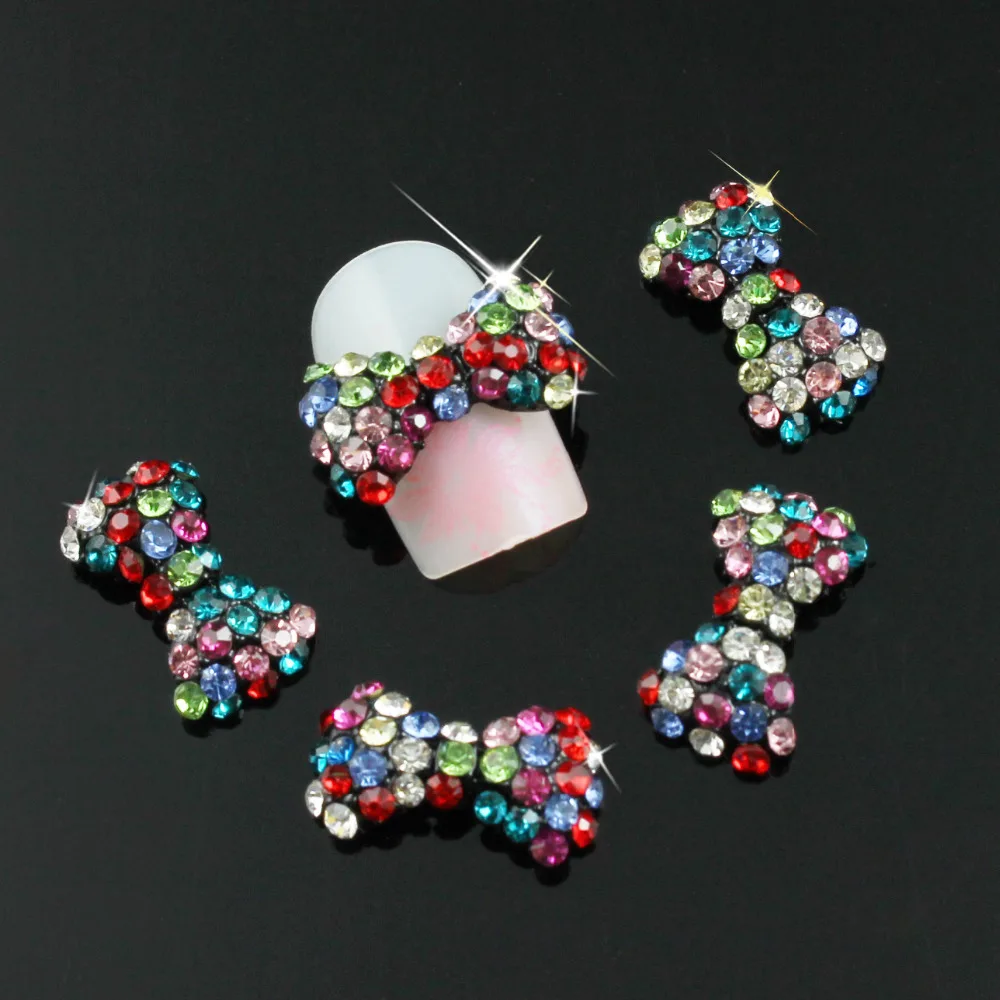 Blueness 10 Pcs Clear AB Colorful Nail Rhinestones Nails Gold Silver 3D Alloy Butterfly Bow Tie Design Art Decorations | Красота и
