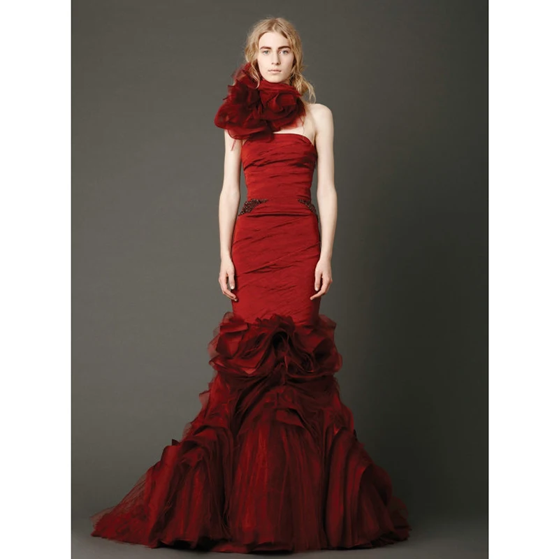 Красное платье-Русалочка Marsala с рюшами длина до пола оборками без спины 2019 |