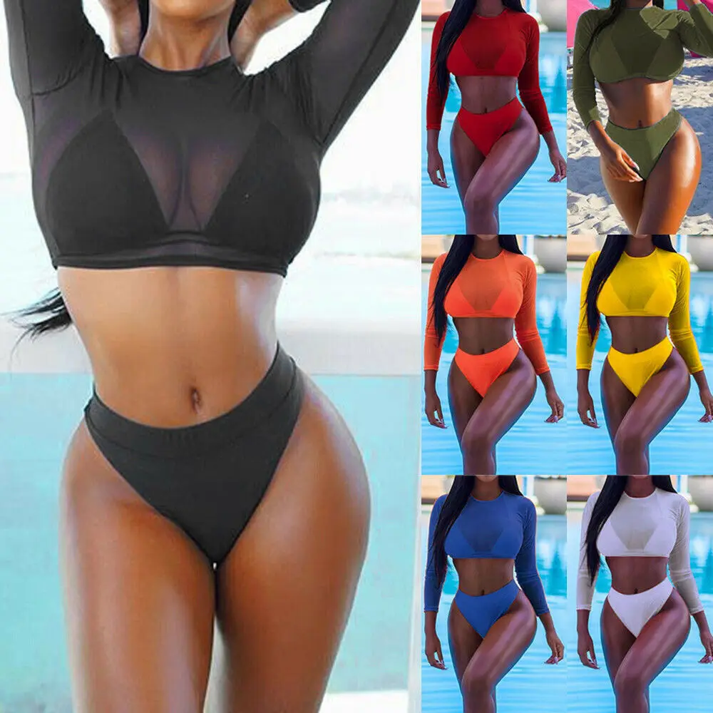 2019 купальник из двух частей летний сексуальный женский сетчатый с длинными