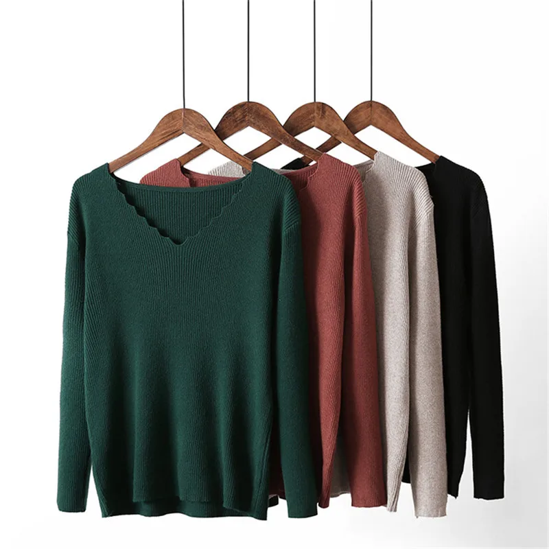 Fashion Large size Knit Sweater Women Autumn Winter Bottoming Pullovers Female Long sleeve V-neck Loose Elasticity Sweaters G233 | Женская