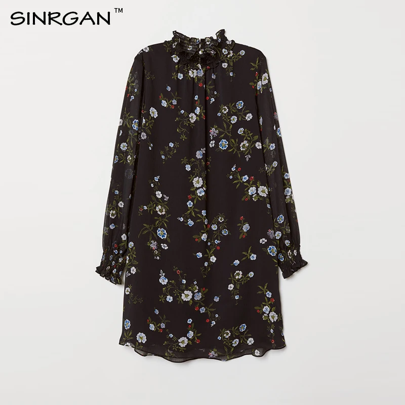 SINRGAN свободный стиль с цветочным принтом boho женщин платье Водолазка Длинные