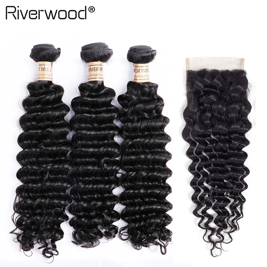 Глубокая волна 3 пучка с закрытием бразильские человеческие волосы переплетения