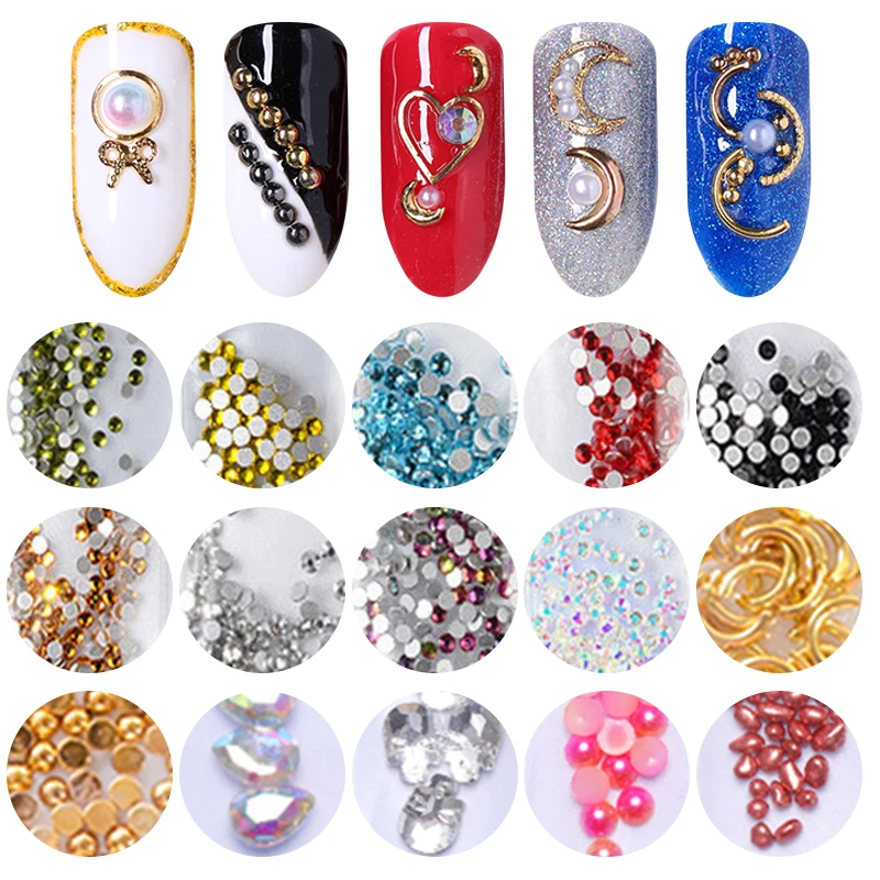 Стразы для ногтей черные золотые цветные 3D хрустальные камни плоские задние