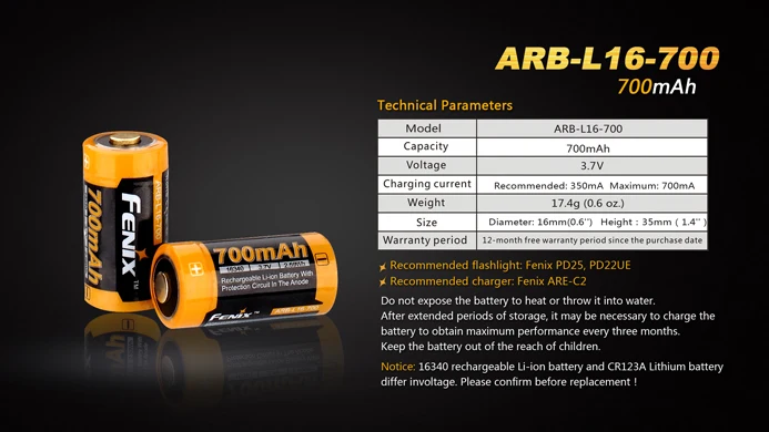 Перезаряжаемый литий ионный аккумулятор Fenix ARB L16 700 3 6 V 16340 700mAh 1 шт./лот|batteries