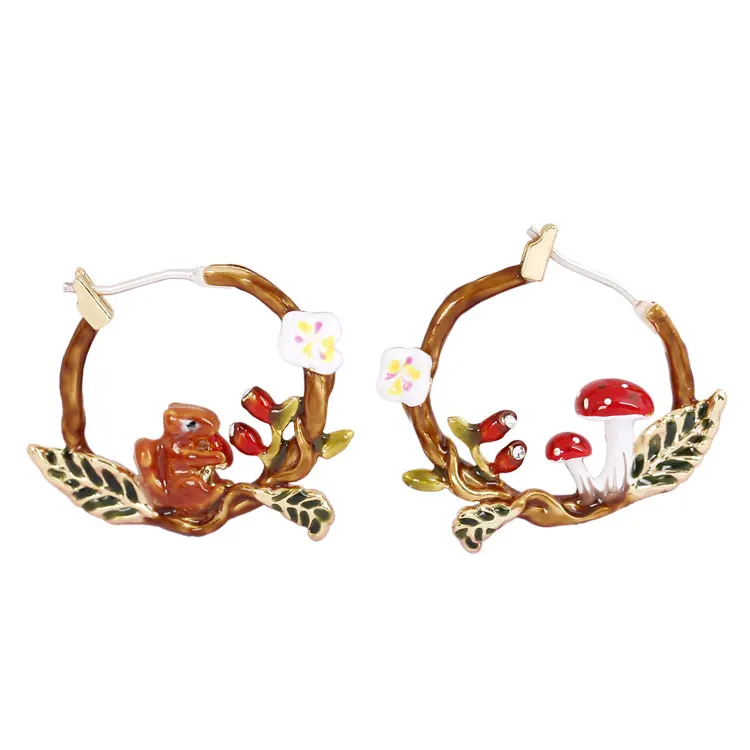 Белка гриб Асимметричные круглые серьги Модные ювелирные изделия Sieraden Joyas