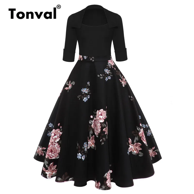 Tonval, винтажное Цветочное платье миди 1950 s, Ретро стиль, рокабилли, квадратный воротник, черные платья для женщин, осень, 3/4 рукав, платье