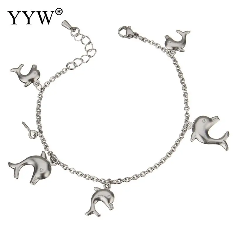 Women Mens Stainless Steel Jewelry Bracelet Dolphin Charm &amp Oval Chain Original Color Fit 7.3Inch | Украшения и аксессуары