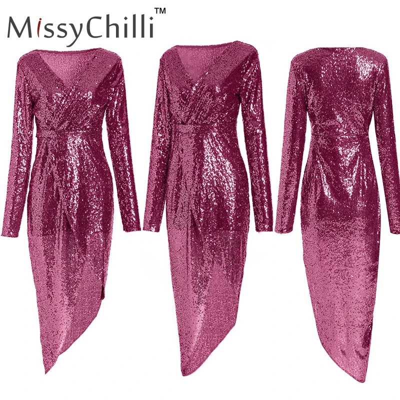 MissyChilli блесток Сплит черное эротичное Платье женское v-образный вырез с длинным рукавом плюс размер элегантное облегающее платье ночной клуб миди платье vestido