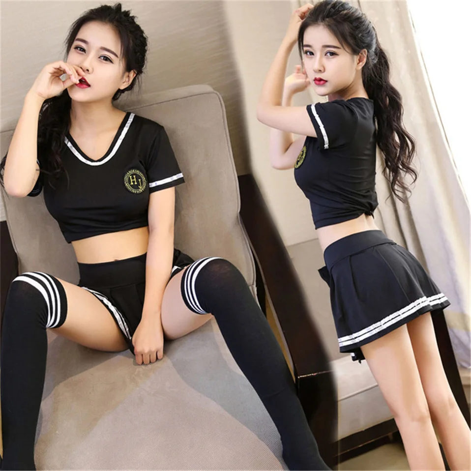 

2018 New Sexy Lingerie Hot Cosplay Student Uniform Lingerie Set Black Bra + Skirt Halloween Costume Outfit Sexy Women Costumes