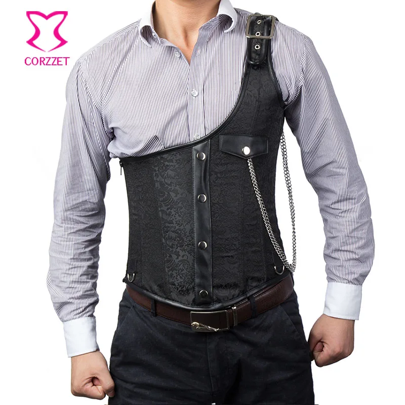 Черная парча молния и пряжка на одно плечо без рукавов Готическая куртка Мужская