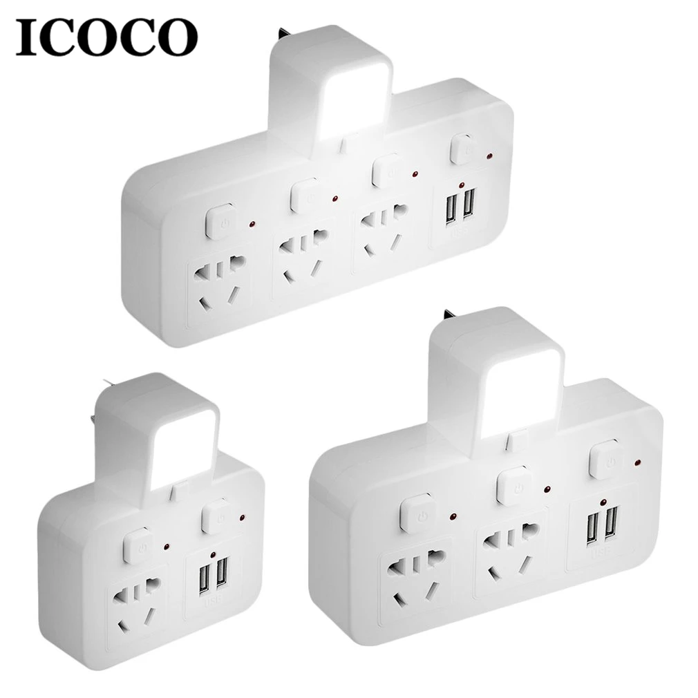 ICOCO 3в1 многофункциональная розетка-адаптер питания + USB настенная лампа ночник