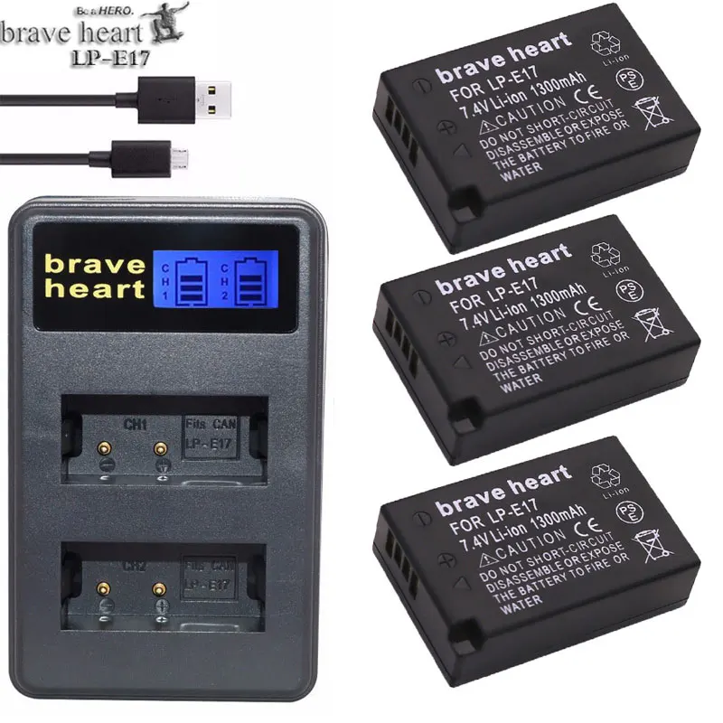 charger and 3battery Brave heart 4x Bateria LPE17 LP E17 LP-E17 батарея+ ЖК-зарядное устройство батарея для Canon EOS M3 750D 760D T6i T6s 8000D Kiss X8i камера - Цвет: charger and 3battery