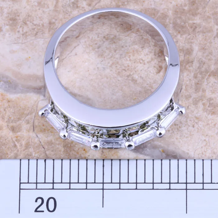 Блестящий Зеленый Перидот Белый CZ посеребренное женское кольцо Размер 6/7/8/9 R1367 |