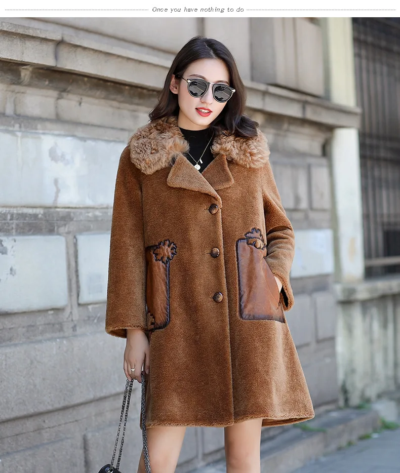 Sheep Shearling Fur Winter Jacket Women Clothes Wool Jacket Lamb Fur Collar Korean Elegant Suede Lining Long Coat ZT642