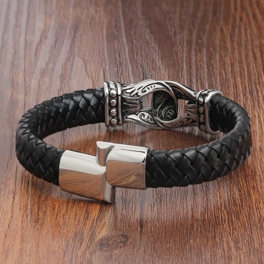 Натуральная кожа браслет мужской нержавеющей стали Braid с магнитной застежкой